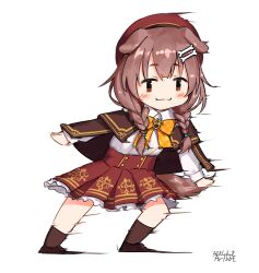  1girl :3 animal_ears artist_name beret blush bone_hair_ornament bow bowtie braid braided_twintails brown_cape brown_capelet brown_eyes brown_hair brown_shoes brown_socks cape capelet chibi chibi_only closed_mouth dated dog_ears dog_girl dog_tail double-parted_bangs hair_ornament hairclip hat high-waist_skirt highres hololive inugami_korone inugami_korone_(street) long_hair long_sleeves looking_at_viewer low_twin_braids low_twintails miniskirt motion_blur official_alternate_costume parallel_hairclips paw_brooch plaid_bow plaid_bowtie plaid_clothes red_hat red_skirt shirt shoes signature simple_background skirt sliding smile socks solo tail transparent_background traveler_(artbbt) twin_braids twintails virtual_youtuber white_shirt yellow_bow yellow_bowtie 
