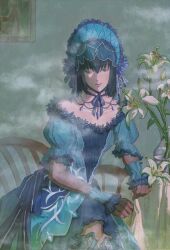  1girl bare_shoulders black_hair bonnet collarbone crossed_legs facing_viewer fate/grand_order fate_(series) flower fucha hair_between_eyes juliet_sleeves kuonji_alice kuonji_alice_(third_ascension) lily_(flower) long_sleeves looking_to_the_side mahou_tsukai_no_yoru medium_hair puffy_sleeves sitting solo tagme vase white_flower white_lily 