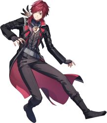  1boy animal_print ankle_boots artist_request belt bird_print black_boots black_coat boots cleavage_cutout clothing_cutout coat contrast_lapels fingerless_gloves full_body gloves gradient_hair grey_belt grey_eyes grey_gloves grey_hair grey_pants grey_shirt grin hair_over_shoulder jewelry key key_necklace lapels lauren_iroas lauren_iroas_(1st_costume) long_hair long_sleeves looking_to_the_side male_focus multicolored_hair necklace nijisanji official_art open_clothes open_coat pants pants_tucked_in ponytail print_shirt red_coat red_hair second-party_source shirt simple_background smile solo transparent_background two-sided_coat two-sided_fabric virtual_youtuber 