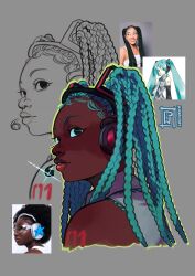  1girl alternate_skin_color aqua_hair artist_name braid dark-skinned_female dark_skin hatsune_miku headset high_twin_braids highres jacket_mine long_hair multiple_braids number_tattoo parted_lips photo_inset reference_inset signature simple_background solo tattoo upper_body vocaloid 
