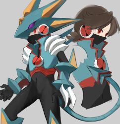  1boy armor bodysuit brown_hair cowboy_shot green_armor green_helmet gregar_(mega_man) grey_background helmet highres hub_hikari_(mega_man) looking_at_viewer male_focus mask mega_man_(series) mega_man_battle_network_(series) mega_man_battle_network_6 megaman.exe mouth_mask netnavi popped_collar red_eyes rokuroku551 short_hair simple_background standing tagme tail vambraces 