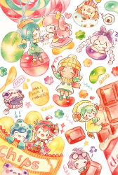  >_< 4boys 5girls absurdres ahoge aki_(maimaimaigoen) bandaid bandaid_on_face bandaid_on_nose beanie blue_hair braid candy chibi chibi_only chips_(food) chocolate chocolate_bar colored_pencil_(medium) commentary_request copyright_name daigorou_(maimaimaigoen) daiya_(maimaimaigoen) eyewear_on_head food glasses happy hat highres hikaru_(maimaimaigoen) horns jelly_bean madoka_(maimaimaigoen) maimaimaigoen maria_(maimaimaigoen) mask mask_on_head multiple_boys multiple_girls onigiri painting_(medium) pink_hair ponytail purple_hair red_hair round_eyewear shinta_(maimaimaigoen) sleeping smile traditional_media twin_braids wataru_(maimaimaigoen) watercolor_(medium) yukichi_0611 zoya_(maimaimaigoen) zzz 