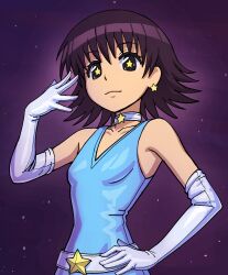 1girl alternate_costume azumanga_daioh bare_shoulders belt black_eyes black_hair blue_dress breasts choker collarbone commentary dress earrings elbow_gloves english_commentary gloves hand_on_own_hip highres jewelry loberbutcher looking_at_viewer magical_girl medium_hair sky sleeveless sleeveless_dress solo star-shaped_pupils star_(sky) star_(symbol) star_choker star_earrings starry_sky symbol-shaped_pupils takino_tomo white_belt white_choker white_gloves 
