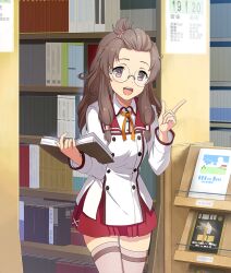  1girl :d bangs_pinned_back book bookshelf brown_hair brown_thighhighs buttons cowboy_shot double-breasted fukuda_sawano game_cg glasses hands_up holding holding_book index_finger_raised indoors library long_hair long_sleeves looking_at_viewer low-tied_long_hair magazine_rack minoseki_academy_school_uniform official_art open_book open_mouth red_sailor_collar red_skirt ribbon sailor_collar school_uniform shirt skindentation skirt smile solo teeth thigh-highs third-party_source toji_no_miko toji_no_miko:_kizamishi_issen_no_tomoshibi upper_teeth_only violet_eyes white_shirt yellow_ribbon 