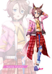  1girl absurdres animal_ears asymmetrical_clothes asymmetrical_footwear asymmetrical_pants blue_eyes blush brown_hair character_name clothes_around_waist commentary_request denim fur-trimmed_jacket fur_trim hair_between_eyes highres horse_ears horse_girl horse_tail horseshoe jacket jacket_around_waist jeans konsu_(konsu1182da) long_sleeves looking_at_viewer midriff mismatched_footwear narita_taishin_(nevertheless)_(umamusume) narita_taishin_(umamusume) navel open_mouth pants pink_jacket shirt shoes short_hair simple_background single_pantsleg tail tank_top tied_shirt torn_clothes torn_jeans torn_pants umamusume white_background yellow_shirt yellow_tank_top zoom_layer 