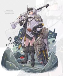  1girl absurdres armored_boots backsine black_boots blush boots chicken_(food) chicken_leg cloak commentary commission english_commentary food goddess_of_victory:_nikke grey_hair gun hair_between_eyes head-mounted_display highres holding holding_food holding_gun holding_weapon horns long_hair long_sleeves mechanical_arms mechanical_horns parted_lips single_mechanical_arm snow_white_(nikke) torn_cloak torn_clothes weapon white_cloak white_hair yellow_eyes zoom_layer 