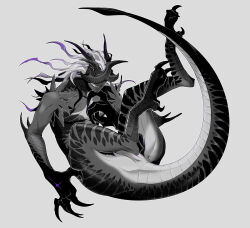  1boy animal_feet claws colored_skin commentary_request full_body grey_background grey_horns grey_skin grin horns lin_yue long_hair male_focus monster_boy original purple_hair sharp_teeth simple_background smile solo tail teeth white_hair 