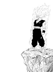  1boy absurdres aura battle_damage dougi dragon_ball dragon_ball_super dragon_ball_super_super_hero fenyon gohan_beast greyscale highres long_hair male_focus monochrome muscular muscular_male sash shirt simple_background solo son_gohan spiky_hair standing torn_clothes torn_shirt white_background 