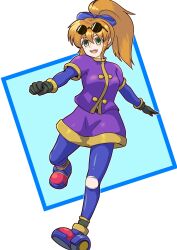  1girl :d brown_hair eyewear_on_head full_body gloves green_eyes highres kodanuki leggings long_hair looking_at_viewer open_mouth pantyhose ponytail precis_neumann skirt smile solo star_ocean star_ocean:_the_second_story torn_clothes torn_leggings 