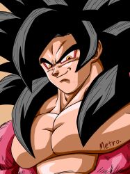  1boy absurdres black_hair body_fur commentary_request dougi dragon_ball dragon_ball_gt highres long_hair looking_at_viewer male_focus monkey_boy muscular muscular_male no_nipples pectorals red_fur saiyan smile solo son_goku spiky_hair super_saiyan super_saiyan_4 yamuchasiyagatte 