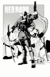  1boy animal_ears bat_signal batman_(series) batman_symbol belt black_bodysuit black_gloves black_hair bodysuit brown_jacket claws dc_comics furry furry_male furry_with_non-furry gloves highres interspecies jacket jason_todd male_focus mask multicolored_bodysuit muscular muscular_male open_clothes pants plaguestorm red_hood_(dc) red_hood_and_the_outlaws red_mask short_hair superhero_costume tail taut_bodysuit two-tone_bodysuit utility_belt werewolf wolf_boy wolf_ears wolf_tail 