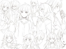  blush commentary_request greyscale highres hiyajou_maho holding holding_phone long_hair makise_kurisu makise_kurisu_(amadeus) menomorute monochrome multiple_costumes multiple_expressions multiple_views open_mouth phone science_adventure simple_background smile steins;gate steins;gate_0 tagme 