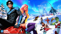  3girls 5boys arsenal_(dc) aurora beast_boy_(dc) blue_sky bodysuit boots colored_sclera colored_skin commentary day dc:_dark_legion dc_comics domino_mask donna_troy elbow_gloves english_commentary eye_mask ferris_wheel gift_bag gloves green_eyes green_sclera highres kid_flash leotard long_hair mask multicolored_bodysuit multicolored_leotard multiple_boys multiple_girls nightwing orange_skin purple_boots purple_leotard raven_(dc) red_lips robin_(dc) sky sleeveless snow snowman starfire tamaranean taut_bodysuit teen_titans thigh_boots three-tone_hair toned toned_male 