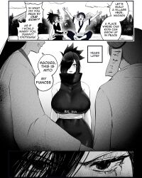  1boy 2girls angry breasts dress genderswap genderswap_(mtf) hair_over_one_eye high_collar highres huge_breasts japan monochrome multiple_girls naruto_(series) naruto_shippuuden netorare reverse_netorare rienia senju_hashirama sleeveless sleeveless_dress surprised tearing_up uchiha_madara uzumaki_mito wide-eyed 