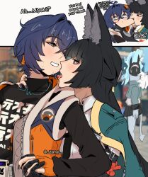  3girls absurdres animal_ear_fluff animal_ears belle_(zenless_zone_zero) biting biting_cheek black_hair black_necktie blue_hair blue_skin blush clothes_writing colored_skin earrings english_text fox_ears fox_girl green_eyes green_jacket hair_ornament highres horns hoshimi_miyabi jacket jewelry letter_hair_ornament long_hair miniskirt multiple_girls nail_polish necklace necktie oni orange_jacket red_eyes saliva short_hair skirt soukaku_(zenless_zone_zero) tail tailless_(zenless_zone_zero) yuri zanqi zenless_zone_zero 