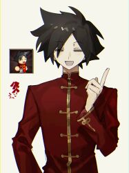  1boy :d anonymous1203 black_hair chinese_clothes chromatic_aberration closed_eyes epic_battle_fantasy epic_battle_fantasy_5 highres index_finger_raised jin_(epic_battle_fantasy) male_focus red_shirt reference_inset shirt short_hair simple_background smile upper_body 