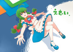 1girl :d ahoge apron back_bow blue_dress blue_eyes blue_shoes bow bowtie braid commentary_request dress frilled_apron frills garter_straps green_hair highres imuhata_shimuro long_hair maid maid_apron mary_janes me-tan open_mouth os-tan outstretched_arms petticoat red_bow red_bowtie shoes short_sleeves sign smile solo spread_arms thigh-highs twin_braids twintails warning_sign white_apron white_bow white_thighhighs
