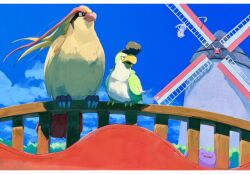  ._. beak bird black_eyes black_hair blue_sky bridge bright_pupils bush clouds colored_skin ditto fence flying green_eyes highres mew_(pokemon) no_humans open_mouth outdoors pidgeot pink_skin pokemon pokemon_(creature) pokemon_focus pokemon_sv sakuraiisui sky slime_(creature) squawkabilly squawkabilly_(green) talons white_pupils windmill wings wooden_fence 