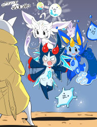  1boy 3girls afterimage ahoge angry aqua_skin blizana_(nyanko_daisensou) blue_background blue_skin blush cat_(nyanko_daisensou) coat colored_skin commentary_request crystal fairy feather_tail floating gentleman_cat_(nyanko_daisensou) hand_on_own_face highres ice liquid_hair long_eyelashes long_sleeves luminalia_(nyanko_daisensou) marinmizu_(nyanko_daisensou) motion_lines multiple_girls nyanko_daisensou pale_skin pointy_ears simple_background snowflake_print snowflakes surprised translated water_drop water_drop_print white_hair yellow_coat yuuichi_(reductionblack) 