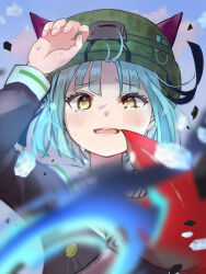  1girl absurdres arm_up bungo_yayoi commentary_request crab_claw fake_horns gong_xu_yamii green_hair heaven_burns_red helmet highres horned_helmet horns open_mouth school_uniform short_hair tears yellow_eyes 