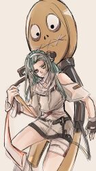  1girl :| a.b.a aqua_eyes aqua_hair aqua_nails bandages belt black_belt black_gloves closed_mouth commentary feet_out_of_frame fingerless_gloves gloves guilty_gear guilty_gear_strive hairband highres key key_in_head long_hair looking_at_viewer makomak57956928 object_through_head oversized_object paracelsus_(guilty_gear) shirt shorts simple_background single_fingerless_glove white_hairband white_shirt white_shorts yellow_background 