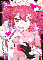  1girl @_@ artist_name black_border black_gloves border commentary_request cuffs drill_hair eyepatch fang gloves handcuffs hat highres holding holding_stuffed_toy holding_syringe kasane_teto medical_eyepatch nervous_sweating nurse_cap open_mouth pill pink_background pink_hair red_eyes sato_(r017xts117) shirt short_sleeves sidelocks simple_background single_glove skin_fang solo stuffed_animal stuffed_rabbit stuffed_toy sweat syringe twin_drills twintails upper_body utau white_hat white_shirt x_x 