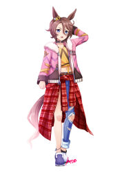  1girl absurdres animal_ears asymmetrical_clothes asymmetrical_footwear asymmetrical_pants blue_eyes blush brown_hair clothes_around_waist commentary_request denim fur-trimmed_jacket fur_trim hair_between_eyes highres horse_ears horse_girl horse_tail horseshoe jacket jacket_around_waist jeans konsu_(konsu1182da) long_sleeves looking_at_viewer midriff mismatched_footwear narita_taishin_(nevertheless)_(umamusume) narita_taishin_(umamusume) navel open_mouth pants pink_jacket shirt shoes short_hair simple_background single_pantsleg solo tail tank_top tied_shirt torn_clothes torn_jeans torn_pants umamusume white_background yellow_shirt yellow_tank_top 