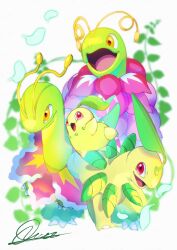  antennae bayleef chikorita closed_mouth colored_skin commentary_request evolutionary_line flower green_skin highres leaf long_neck mega_meganium mega_pokemon meganium neck_flower no_humans open_mouth pokemon pokemon_(creature) pokemon_focus qua red_eyes sauropod smile tail yellow_eyes 