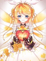  1girl adapted_costume android bare_shoulders black_corset black_gloves blonde_hair blue_eyes bow bow_hairband bowtie brooch cable collared_dress commentary_request corset cowboy_shot crying crying_with_eyes_open detached_sleeves dress flower flower_brooch frilled_hairband frills gloves hair_between_eyes hair_flower hair_ornament hair_ribbon hairband heart heart_print highres holding holding_heart hole_in_chest hole_on_body jewelry kokoro_(vocaloid) large_bow light_blush light_particles looking_at_object mechanical_heart mechanical_wings medium_dress medium_hair melling_rl miracle_nikki nikki_(series) open_mouth passion_404_(miracle_nikki) pleated_dress print_dress ribbon rose sad_smile see-through_clothes see-through_sleeves short_sleeves sleeveless sleeveless_dress solo standing straight-on streaming_tears tears vocaloid white_background white_bow white_dress white_hairband white_sleeves wings yellow_bow yellow_bowtie yellow_flower yellow_ribbon yellow_rose yellow_wings 