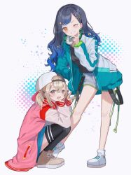  2girls :d absurdres ankle_boots azusawa_kohane backwards_hat black_hair black_hat black_shirt black_thighhighs blue_hair blush boots brown_boots brown_eyes brown_hair commentary crossed_bangs double-parted_bangs fuinagi_(huyuu_mm) full_body gradient_hair green_jacket grey_shorts grin hair_between_eyes hand_up hat highres jacket lace-up_boots long_hair long_sleeves looking_at_viewer multicolored_hair multiple_girls open_mouth orange_eyes parted_bangs pink_jacket project_sekai shiraishi_an shirt shoes shorts simple_background smile sneakers squatting standing striped_clothes striped_thighhighs thigh-highs two-tone_headwear v white_background white_hat white_shoes 