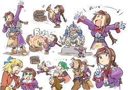  ^_^ belt black_pantyhose blonde_hair blue_eyes blue_ribbon booby_trap boots bow braid brown_belt brown_boots brown_hair carrying clive_winslett closed_eyes dress explosion gallows_carradine glasses gloves green_hair grey_hair hair_ribbon hairband headband jet_enduro lips long_hair maya_schrodinger open_mouth pantyhose piggyback ponytail purple_dress red_bow red_hairband ribbon schturdark shirt short_hair sidelocks smile treasure_chest tsubobot virginia_maxwell waving white_background white_gloves wild_arms wild_arms_3 yellow_headband 