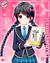  1girl ahoge black_hair blue_necktie blue_skirt book bow braid card_(medium) character_name girlfriend_(kari) hair_bow holding holding_book jacket looking_at_viewer miniskirt necktie official_art pink_background pink_bow plaid_clothes plaid_skirt pleated_skirt polka_dot polka_dot_bow qp:flapper red_eyes school_uniform shirase_tsuzuri shirt skirt smile solo standing straight-on twin_braids white_shirt 