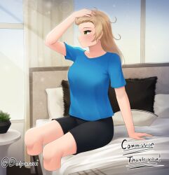  1girl absurdres aged_up amputee artist_name bed black_shorts blue_shirt brown_hair closed_mouth commission commissioner_upload doiparuni double_amputee green_eyes hand_in_own_hair hand_on_own_head highres ibarazaki_emi katawa_shoujo long_hair messy_hair morning non-web_source on_bed pillow shirt shorts signature smile solo sunlight waking_up window 