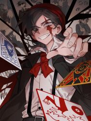  5boys animification apron axe beanie belt black_belt black_eyes black_hair black_jacket cameo card commentary dice dream_(youtuber) dream_smp english_commentary explosive flipped_hair furry furry_male grin hat heterochromia highres jacket jewelry kafei146 long_sleeves male_focus minecraft minecraft_youtube multiple_boys multiple_views necktie official_alternate_costume open_clothes open_jacket outstretched_hand pig_boy playing_card poker_chip quackity red_hat red_necktie ring ringed_eyes scar scar_across_eye scar_on_face scene_reference shirt short_hair slimecicle smile solo_focus sunglasses suspenders technoblade tnt tnt_block_(minecraft) tommyinnit upper_body wedding_ring white_eyes white_shirt wilbur_soot 