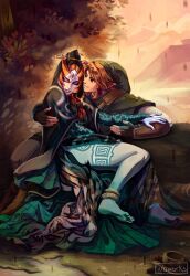  1boy 1girl black_skin blue_skin colored_sclera colored_skin commentary couple english_commentary eyeshadow front_ponytail green_tunic grey_skin highres iubworks link makeup midna midna_(true) multicolored_skin orange_hair pointy_ears purple_eyeshadow purple_lips the_legend_of_zelda the_legend_of_zelda:_twilight_princess tunic two-tone_skin yellow_sclera 