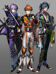  3boys 3skm_(nijisanji) absurdres adjusting_clothes ahoge alternate_costume antenna_hair aqua_coat aqua_flower aqua_rose arm_out_of_sleeve armlet bell-bottoms belt belt_buckle black_belt black_choker black_coat black_gloves black_pants black_shirt black_shoes black_socks black_vest blue_eyes blue_flower blue_gem blue_hair blue_ribbon blue_rose blue_socks boutonniere braid brooch buckle buttons chain chest_tattoo choker closed_mouth coat coat_on_shoulders collar_chain_(jewelry) collared_shirt colored_eyelashes commentary_request contrast_lapels cropped_jacket cross-laced_clothes cross-laced_sleeves cuff_links dress_shoes ear_covers earclip earrings eyewear_strap feather_earrings feather_hair_ornament feathers fighting_stance fingernail_gloves fishnet_fabric flower full_body gem gloves gold_choker gold_ring green_coat green_eyes green_flower green_gem green_rose grey_background grey_jacket grey_vest hair_between_eyes hair_ornament half_gloves hands_up harness heart-shaped_gem highres holding holding_jacket holding_sword holding_unworn_clothes holding_weapon jacket jacket_over_shoulder jewelry kaisei_(nijisanji) katana kitami_yusei lace-trimmed_shirt_collar lace-trimmed_sleeves lace_trim lapel_pin lapels lineup loafers long_sleeves looking_at_viewer loose_necktie male_focus medium_hair mismatched_earrings mole mole_under_eye multicolored_coat multicolored_eyes multicolored_hair multicolored_shoes multiple_boys multiple_rings multiple_swords neck_ribbon necktie nijisanji notched_lapels o-ring o-ring_harness open_collar orange_belt orange_hair orange_vest padded_coat padded_footwear padded_vest pants parted_bangs patterned_clothing pendant pendant_choker pink_eyes print_coat print_pants print_vest purple-tinted_eyewear purple_coat purple_gem purple_hair purple_jacket purple_pants red_coat red_eyes red_gem red_hair red_necktie red_pupils red_shoes red_sleeves ribbon ring rose round_eyewear saddle_shoes sakaki_ness sayagata see-through_clothes see-through_pants sheath sheathed shirt shirt_tucked_in shoes short_hair side_braid sideways_glance simple_background sleeve_cuffs smile snake snake_earrings snake_tattoo snake_wrapped_around_leg socks standing streaked_hair stud_earrings sword tassel tassel_earrings tattoo tinted_eyewear too_many two-sided_coat two-sided_fabric two-tone_coat two-tone_eyes two-tone_pants two-tone_shoes two-tone_vest unagipai unworn_jacket vest virtual_youtuber weapon white_flower white_pants white_rose white_shirt white_shoes 