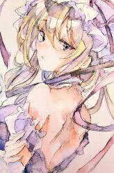  1girl absurdres back bare_back bare_shoulders blonde_hair choker commentary dress elbow_gloves expressionless from_behind gloves hair_between_eyes hand_on_own_arm hat highres holding holding_umbrella kamu_kotan long_hair looking_at_viewer looking_back mob_cap off-shoulder_dress off_shoulder purple_dress solo touhou traditional_media umbrella violet_eyes white_gloves yakumo_yukari 