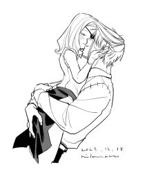  1boy 1girl arms_around_waist closed_eyes commentary_request couple eyepatch franken_stein_(soul_eater) hand_on_another's_face hetero highres hissiu light_smile long_sleeves marie_mjolnir monochrome object_through_head screw_in_head simple_background skirt sleeveless soul_eater white_background 