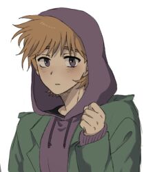  1boy animification black_shirt blush clenched_hand commentary_request eddsworld expressionless green_jacket hand_up highres hood hood_up hoodie jacket korean_commentary light_blush long_sleeves male_focus matt_(eddsworld) mmaattlove open_clothes open_jacket orange_hair purple_hoodie shirt short_hair simple_background solo tachi-e upper_body violet_eyes white_background 
