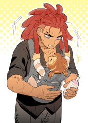  1boy 1girl aged_down baby baby_bottle babywearing bottle brown_hair closed_eyes commentary cookie_run cookie_run:_ovenbreak croissant_cookie dark-skinned_female dark_skin dreadlocks eyebrow_cut food-themed_hair grabbing_another's_hair highres hjoe8 holding_another's_hair jitome looking_down low_twintails open_mouth red_hair scar scar_on_arm short_hair sleeves_rolled_up smile string_gummy_cookie striped_sleeves sweat twintails undercut violet_eyes 