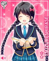  1girl ahoge black_hair blue_necktie blue_skirt book bow braid card_(medium) character_name closed_eyes girlfriend_(kari) hair_bow holding holding_book jacket miniskirt necktie official_art open_mouth pink_background pink_bow plaid_clothes plaid_skirt pleated_skirt polka_dot polka_dot_bow qp:flapper raised_inner_eyebrows red_eyes school_uniform shirase_tsuzuri shirt skirt smile solo standing straight-on twin_braids white_shirt 