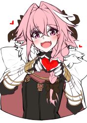  1boy :3 :d absurdres astolfo_(fate) astolfo_(rider)_(fate) black_bow black_ribbon blush bow braid cloak commentary_request diagonal-striped_background fang fate/apocrypha fate/grand_order fate_(series) four-finger_heart_hands fur-trimmed_cloak fur_trim gauntlets gloves hair_between_eyes hair_bow hair_intakes hair_ribbon heart heart_hands heart_in_heart_hands highres long_hair looking_at_viewer male_focus multicolored_hair open_mouth pink_hair ribbon shirt sidelocks single_braid smile solo streaked_hair striped_background takatun223 trap upper_body violet_eyes white_cloak white_hair 