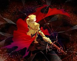  1boy armor armored_boots armored_skirt blonde_hair boots cape commentary_request crack cracked_glass cross_akiha ea_(fate) earrings fate/stay_night fate/strange_fake fate_(series) full_armor full_body gauntlets gilgamesh_(fate) gold_armor gold_earrings highres holding jewelry male_focus red_cape red_eyes short_hair shoulder_armor solo spiky_hair waist_cape weapon 
