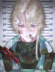  1boy artist_name bad_source bandage_on_face bandages bandaid bandaid_on_cheek bandaid_on_face bandaid_on_nose black_shirt blonde_hair blood blood_on_face bruise bruise_on_face closed_mouth cuts hair_between_eyes hair_ornament height_chart high_collar highres injury jacket looking_at_viewer male_focus mask mask_around_neck multicolored_hair original pink_hair pulppunk001 red_eyes shirt solo straight-on streaked_hair turtleneck upper_body watermark weibo_username weibo_watermark 