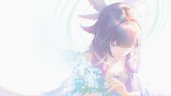  1girl absurdres bare_shoulders black_hair closed_mouth columbina_(genshin_impact) dress eye_mask feathered_wings flower genshin_impact hair_ornament hair_over_one_eye head_wings highres hollning long_hair mask multicolored_hair multiple_wings one_eye_covered purple_hair see-through_clothes see-through_mask smile solo two-tone_hair very_long_hair white_background white_dress white_wings wing_hair_ornament wings 