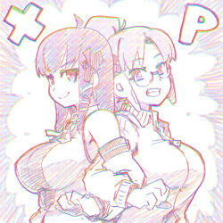  2girls ahoge back-to-back bare_shoulders breasts chromatic_aberration closed_mouth commentary_request detached_sleeves glasses grin hair_ornament highres homeko imuhata_shimuro jacket large_breasts letter_hair_ornament locked_arms long_hair long_sleeves multiple_girls os-tan smile split_mouth teeth track_jacket xp-tan zipper_pull_tab 