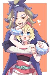  1boy 1girl adaman_(pokemon) arm_wrap blonde_hair blue_coat blue_eyes blue_hair blush border coat commentary_request earrings eyebrow_cut hand_on_another's_face heart hug hug_from_behind irida_(pokemon) jewelry multicolored_hair open_mouth orange_background outside_border pokemon pokemon_legends:_arceus ribi001_(huyo_poke) shirt single_earring strapless strapless_shirt sweat two-tone_hair white_border 