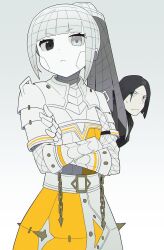  1boy 1girl :< albina_(project_moon) armor armored_dress asdf1211950 belt black_coat black_eyes black_hair blunt_bangs breastplate can't_be_this_cute chain closed_mouth coat colored_skin commentary crossed_arms derivative_work dress frown gauntlets grid heterochromia highres limbus_company long_hair looking_at_viewer medium_hair ore_no_imouto_ga_konna_ni_kawaii_wake_ga_nai patterned_hair pauldrons ponytail project_moon ren_(project_moon) shoulder_armor sidelocks simple_background solo_focus symbol-only_commentary white_armor white_belt white_eyes white_hair white_skin 