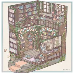  3boys 3girls ahoge animal backpack bag bear bird blonde_hair blue_jacket book book_stack bookshelf border brown_shoes brown_shorts bug butterfly chigu chips_(food) closed_mouth commentary_request dog eating floorplan food green_hair head_wings highres holding holding_book holding_food jacket multiple_boys multiple_girls open_book open_clothes open_jacket open_mouth original outside_border rabbit shirt shoes short_hair short_sleeves shorts sitting socks standing twitter_username white_border white_shirt white_socks window wings 