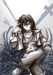  1boy absurdres alternate_costume arrow_(projectile) black_hair commentary crossed_legs elbow_rest english_commentary feet_out_of_frame finger_to_face hair_over_shoulder highres jacket jewelry long_hair looking_at_viewer male_focus necklace pile_of_skulls planted planted_sword ribs shadow_slave shirt sitting_on_throne snake_print solo sunny_(shadow_slave) sword t-shirt weapon xiezmy2 
